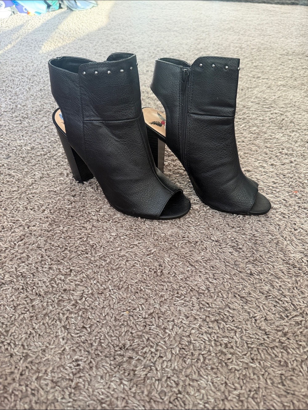 Black Open-Toe Block Heel Ankle Booties with Stud Detail